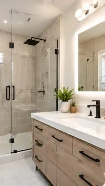 Hallway bathroom after: frameless walk-in shower and a light wood vanity