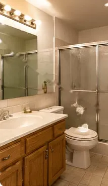 Hallway bathroom before: oak vanity and framed sliding shower door