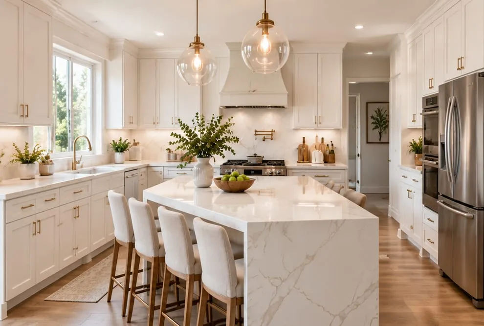 After: a white kitchen with shaker cabinets and a marble waterfall island