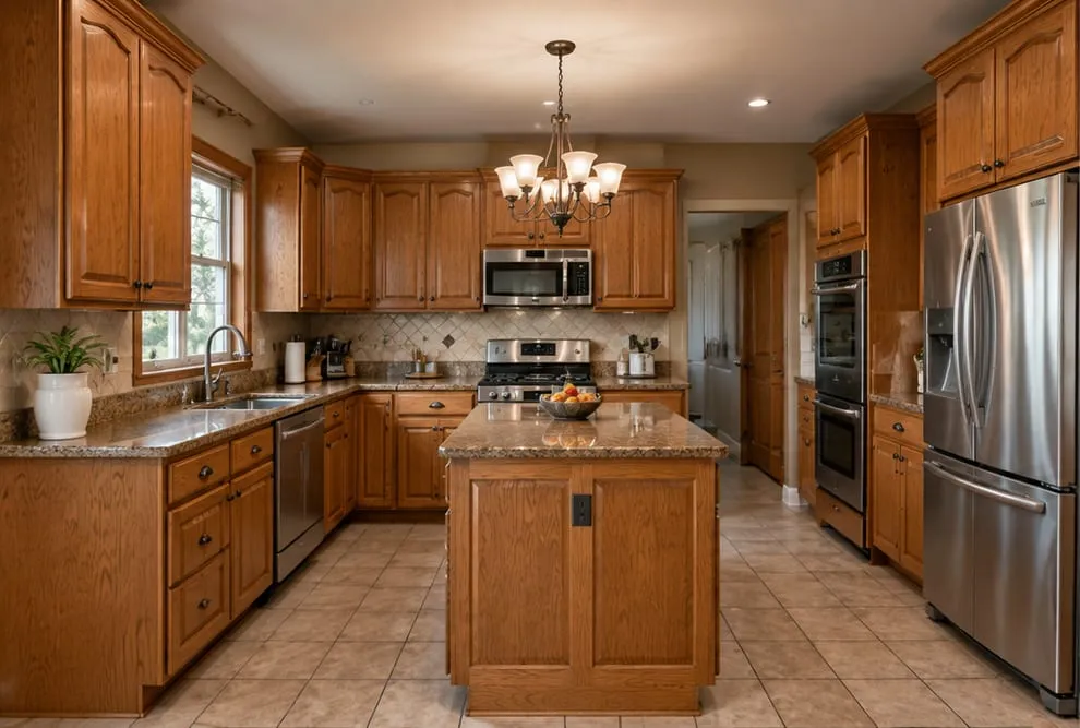 Before: a dated kitchen with oak cabinets, granite counters and a tile floor