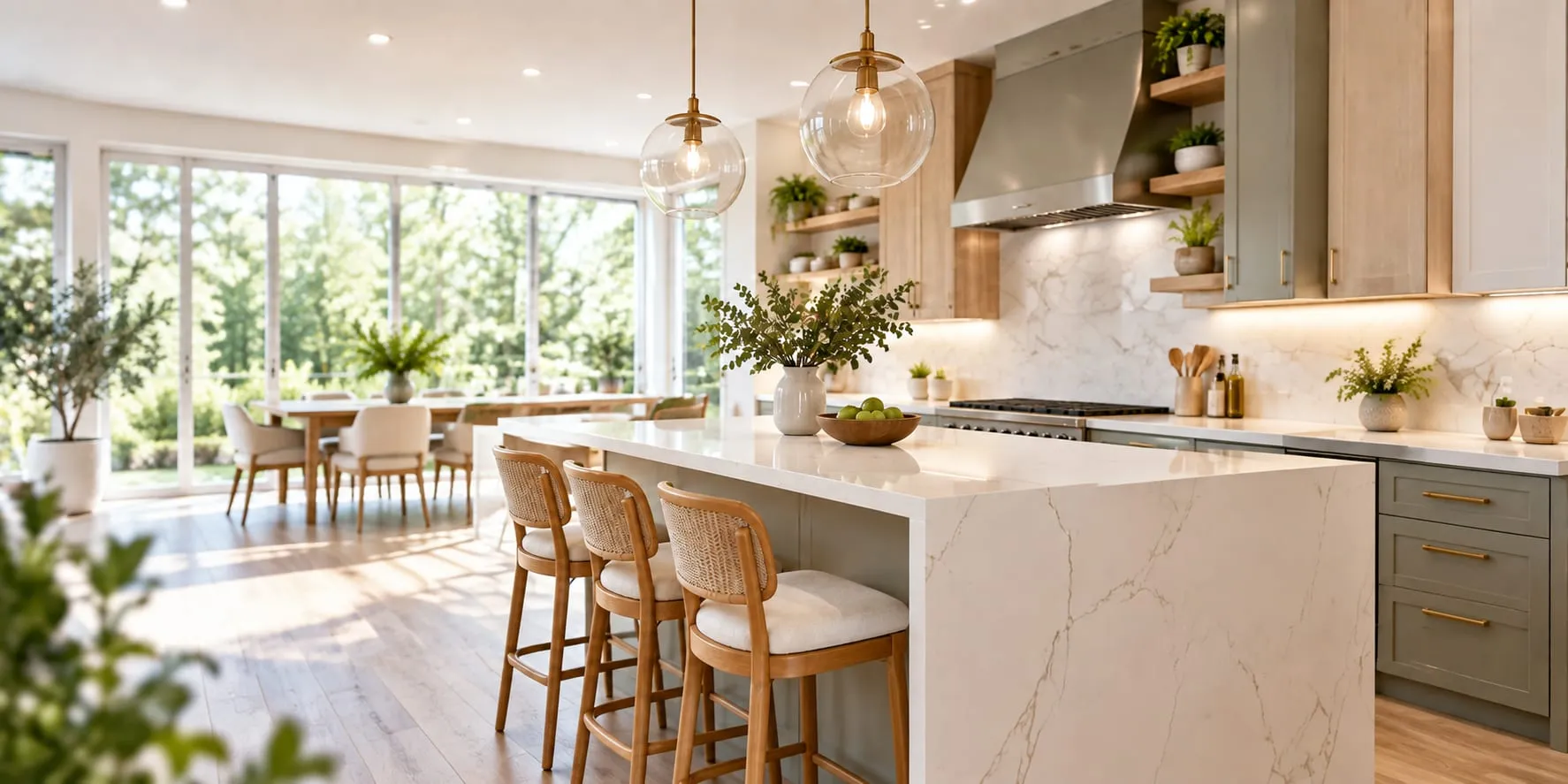 Bright kitchen with a marble waterfall island, rattan stools and glass pendant lights